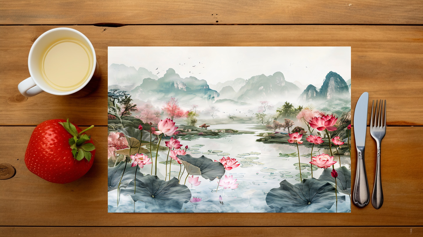 raxxa Premium-Tischset: Chinese Watercolor Lotus and Serene Mountains – Image 3