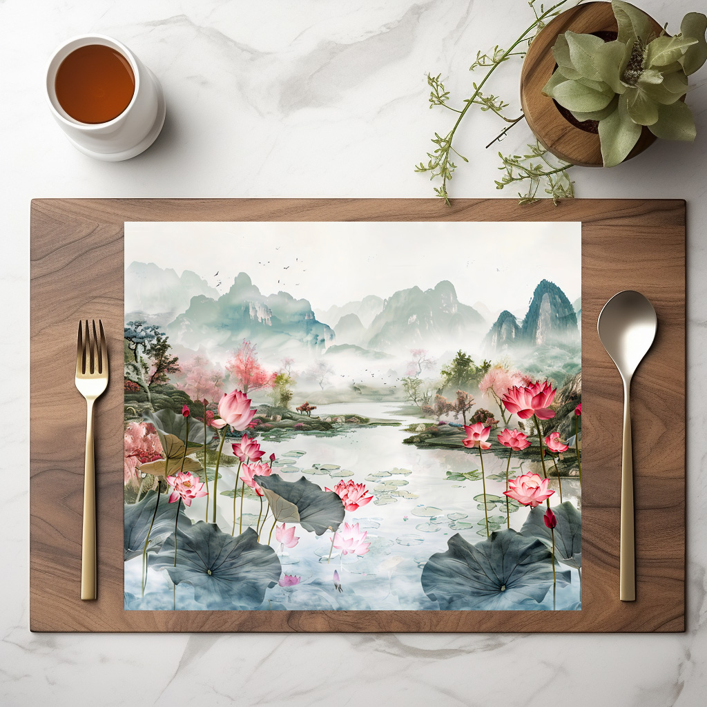 raxxa Premium-Tischset: Chinese Watercolor Lotus and Serene Mountains – Image 2