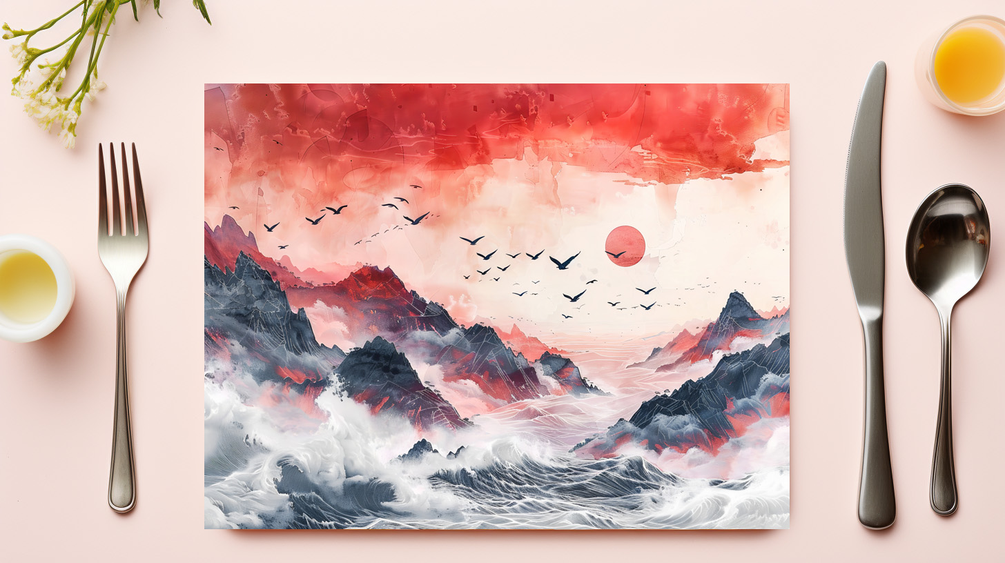 raxxa Premium-Tischset: Chinese Watercolor Birds Soaring over Mountains - Imagen 3