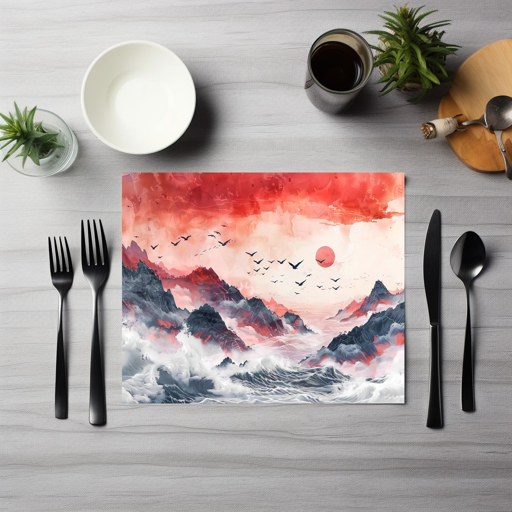 raxxa Premium-Tischset: Chinese Watercolor Birds Soaring over Mountains