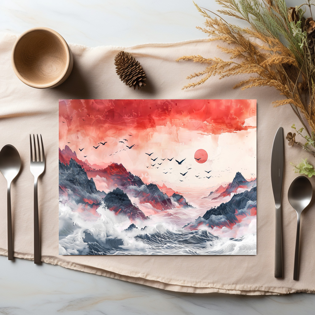 raxxa Premium-Tischset: Chinese Watercolor Birds Soaring over Mountains - Imagen 2