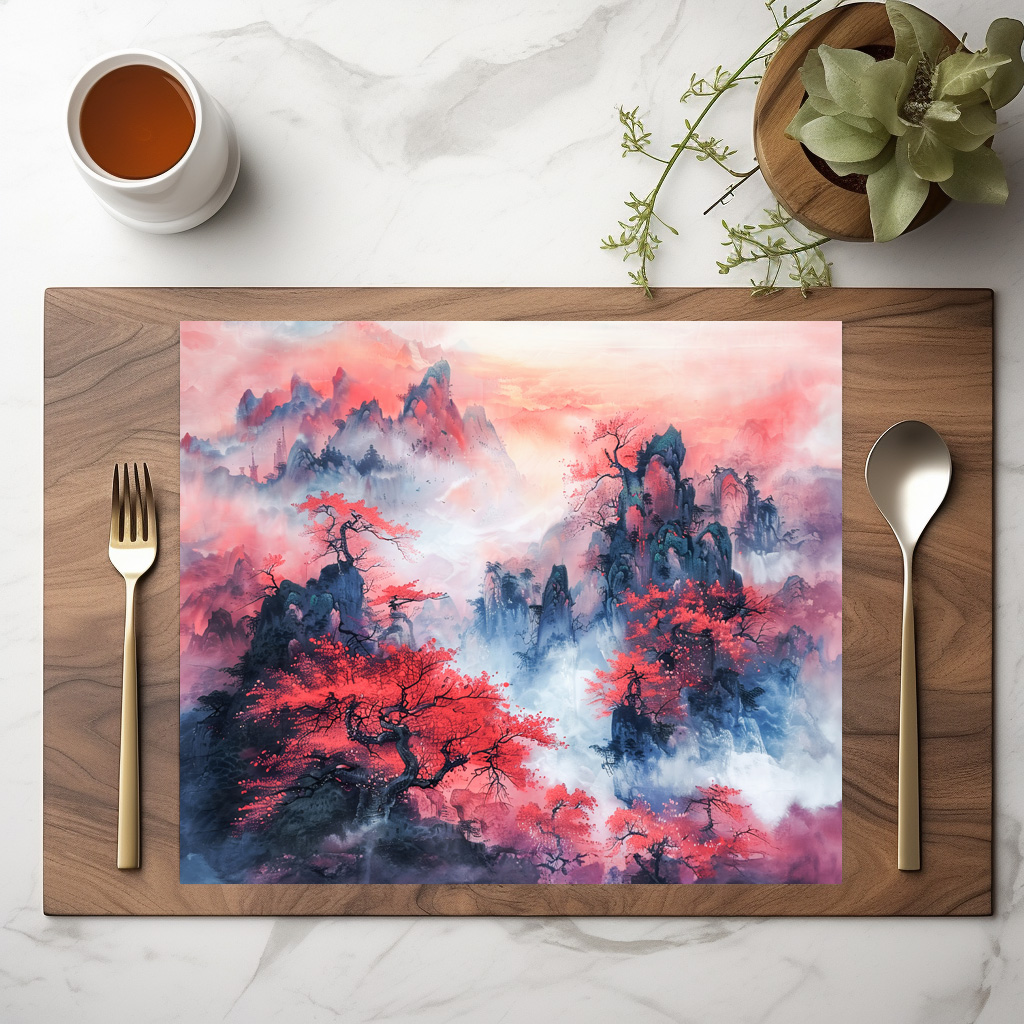 raxxa Premium-Tischset: Chinese Watercolor Autumn Mountains at Sunset