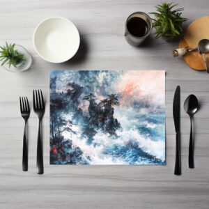 raxxa Premium-Tischset: Chinese Watercolor Waves on Rocky Coast