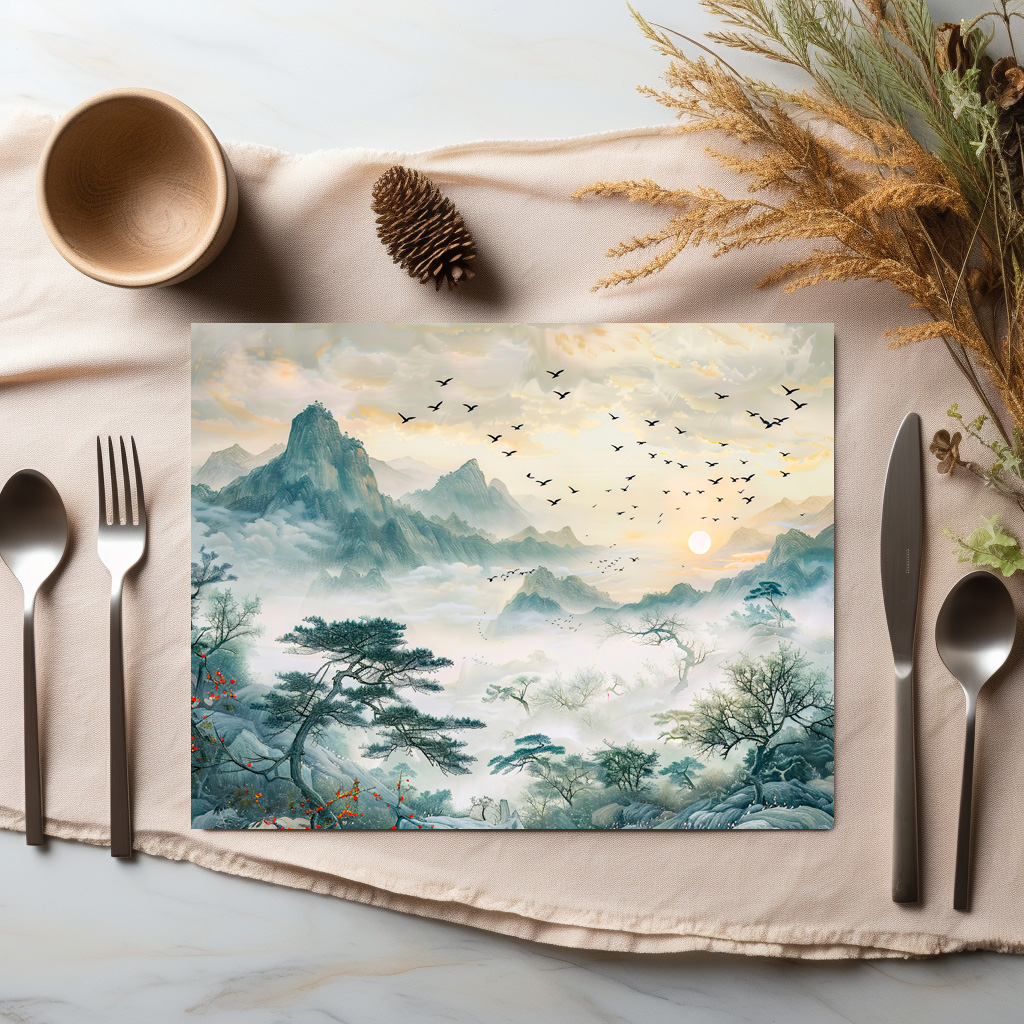 raxxa Premium-Tischset: Chinese Watercolor Birds in Evening Sky – Image 2