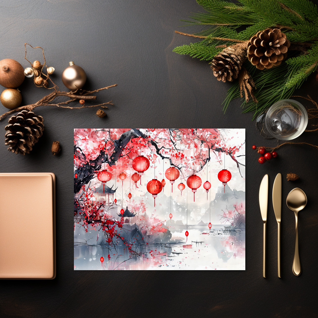 raxxa Premium-Tischset: Chinese Watercolor Lanterns and Blossoming Trees – Bild 3