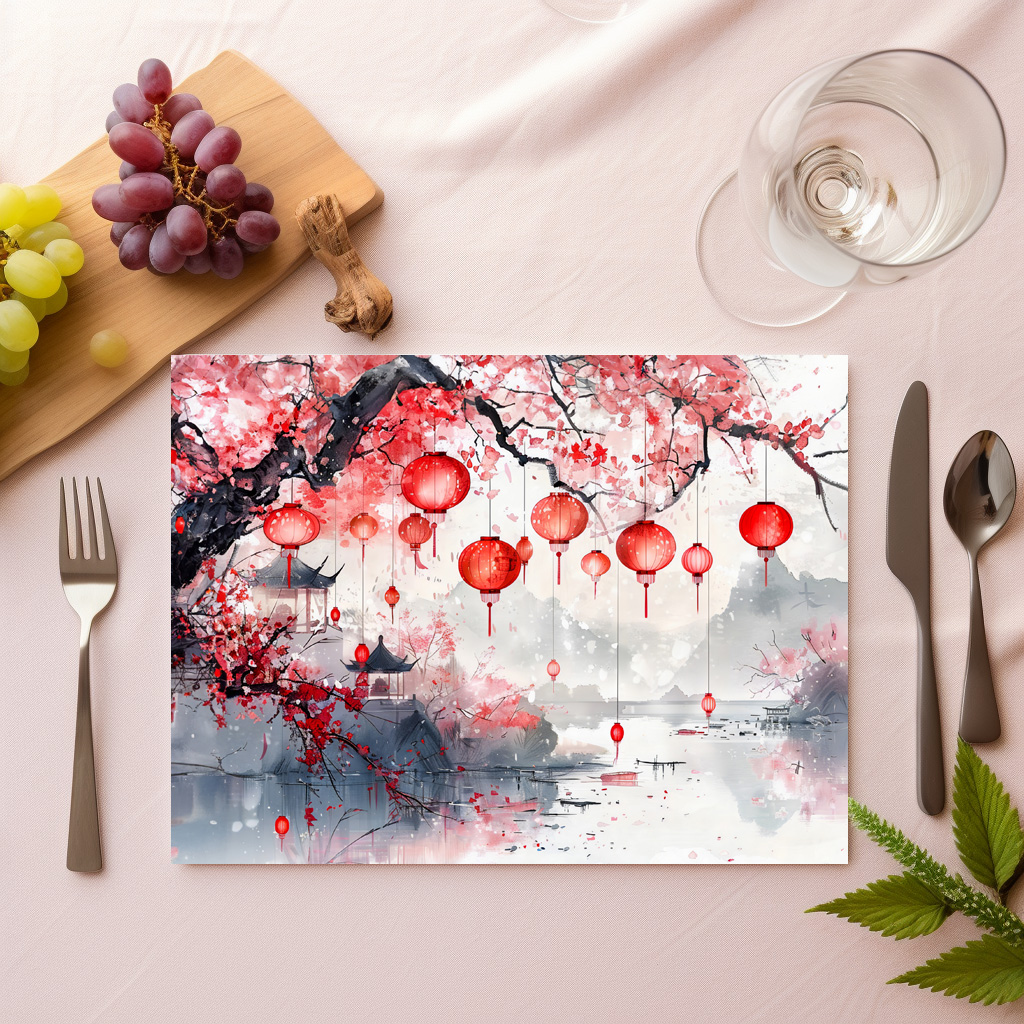 raxxa Premium-Tischset: Chinese Watercolor Lanterns and Blossoming Trees