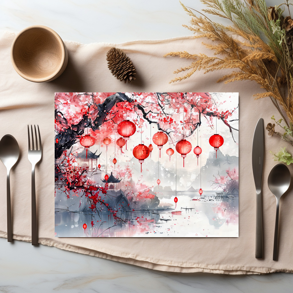 raxxa Premium-Tischset: Chinese Watercolor Lanterns and Blossoming Trees – Bild 2
