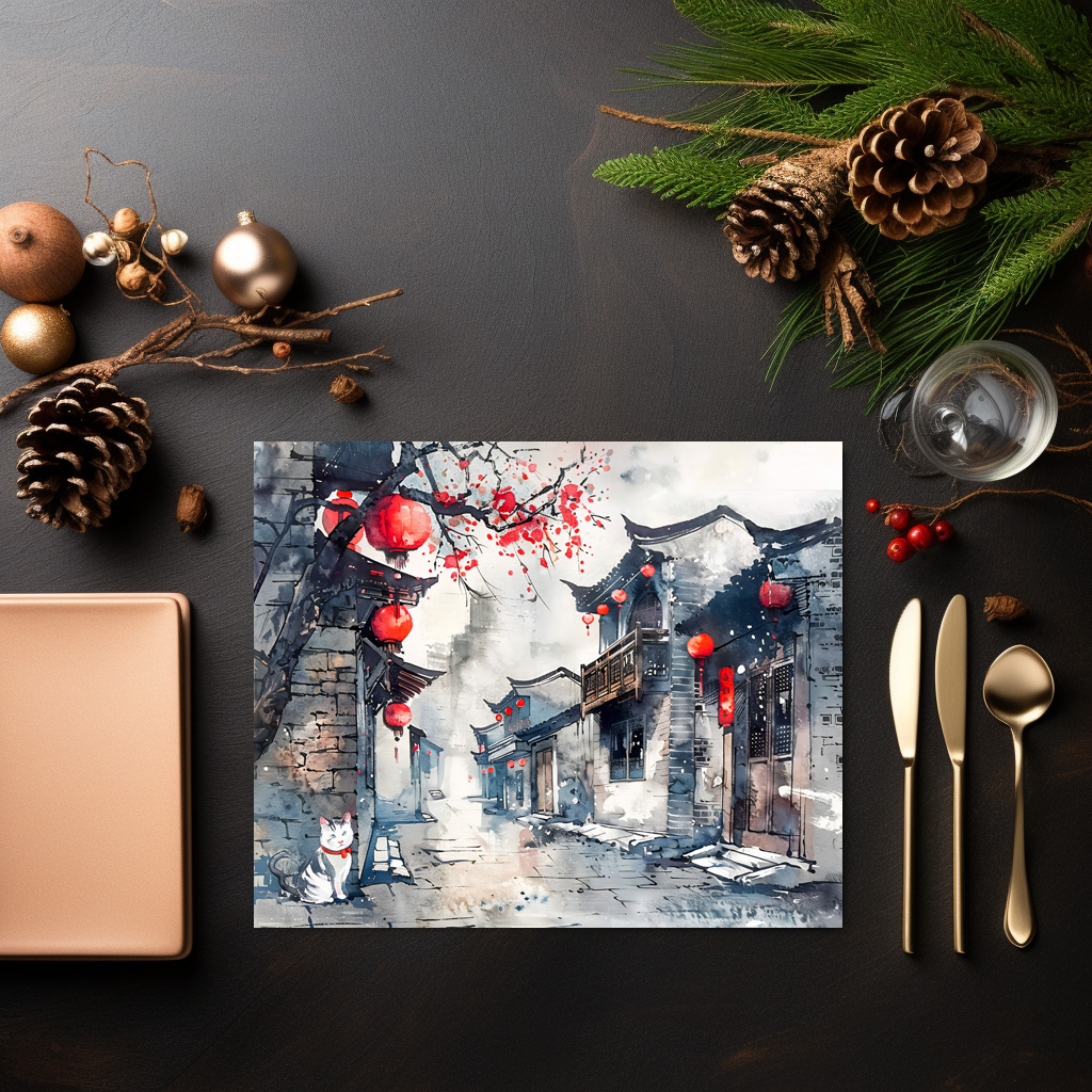 raxxa Premium-Tischset: Chinese Watercolor Lantern-Lit Old Town – Image 3
