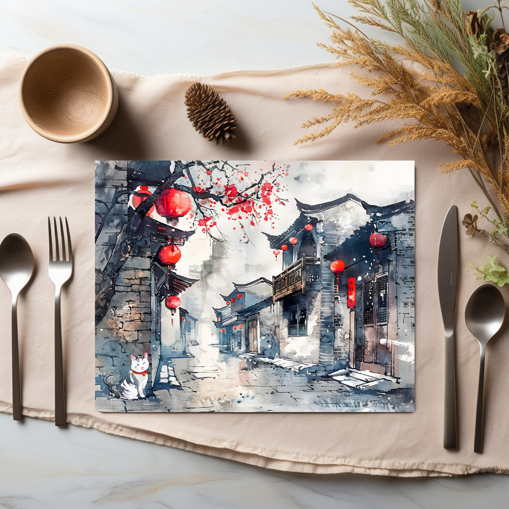 raxxa Premium-Tischset: Chinese Watercolor Lantern-Lit Old Town – Image 2