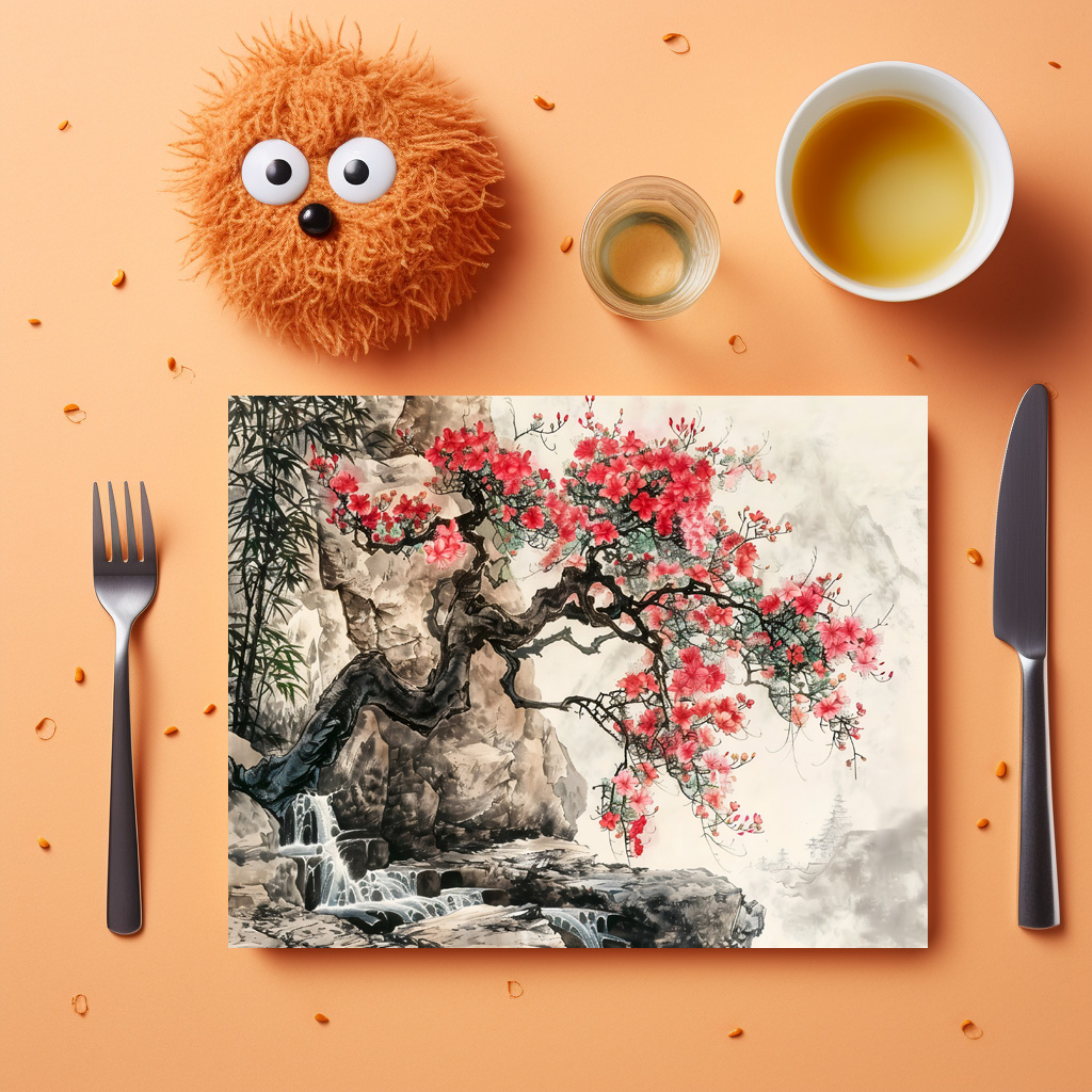 raxxa Premium-Tischset: Chinese Watercolor Blossoming Tree in Mountains