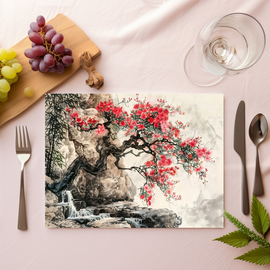 raxxa Premium-Tischset: Chinese Watercolor Blossoming Tree in Mountains – Bild 2