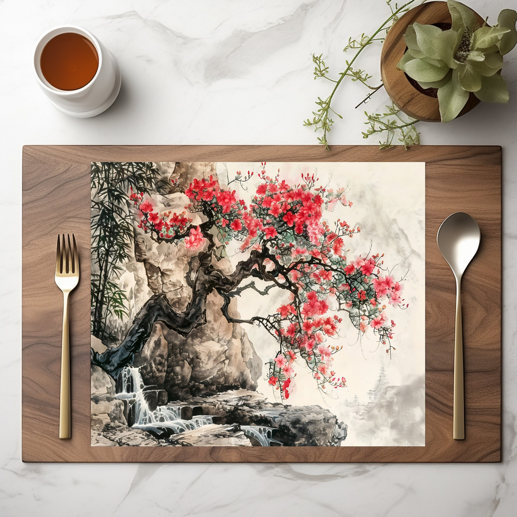 raxxa Premium-Tischset: Chinese Watercolor Blossoming Tree in Mountains – Bild 3