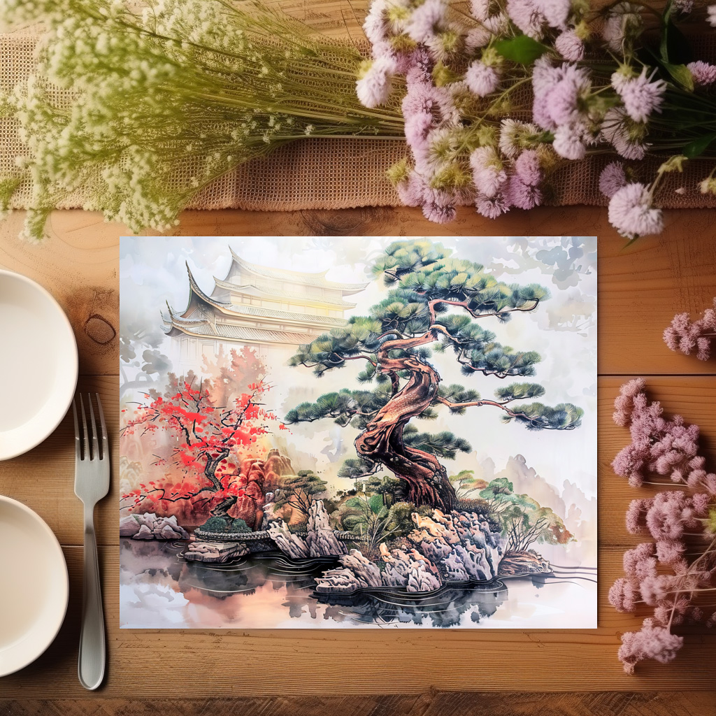 raxxa Premium-Tischset: Chinese Watercolor Bonsai Pine in Garden - immagine 3