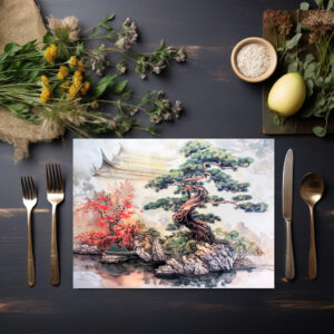 raxxa Premium-Tischset: Chinese Watercolor Bonsai Pine in Garden