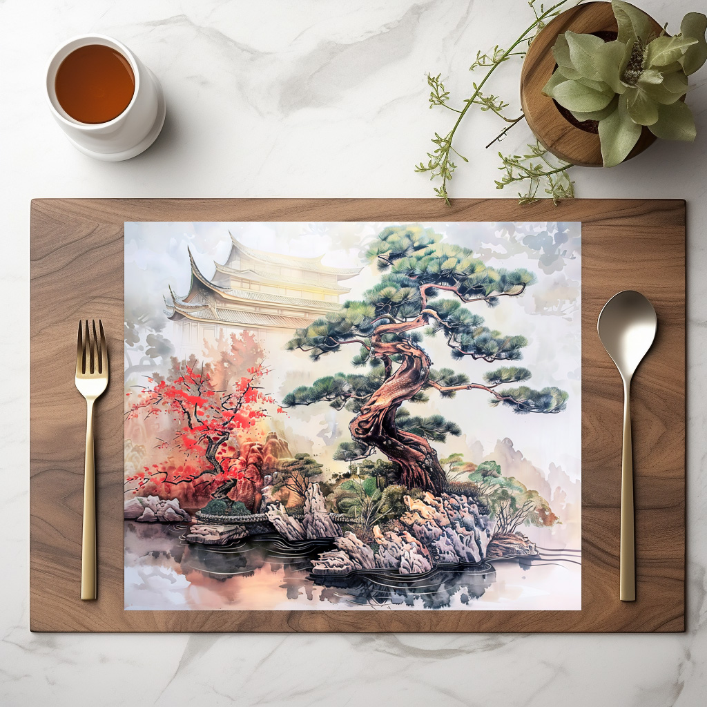 raxxa Premium-Tischset: Chinese Watercolor Bonsai Pine in Garden - immagine 2