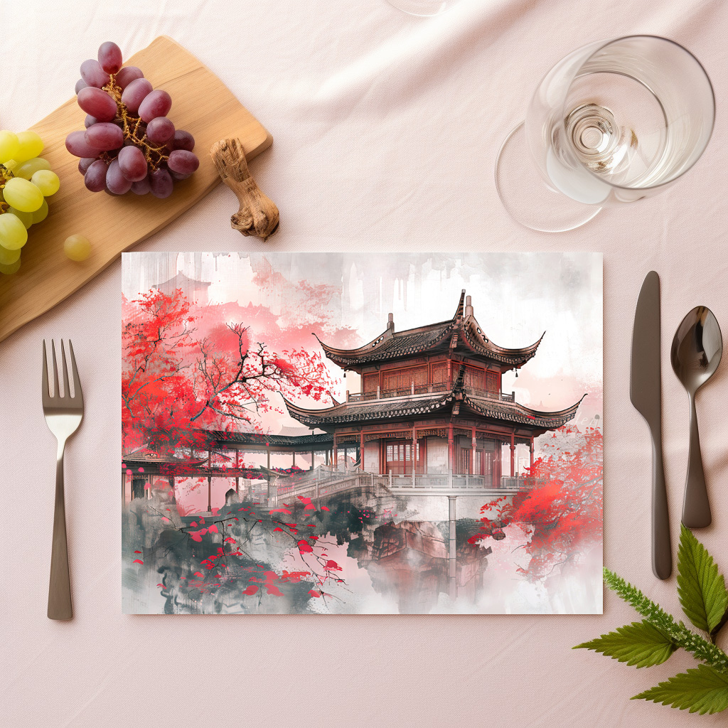 raxxa Premium-Tischset: Chinese Watercolor Red Maple by Temple