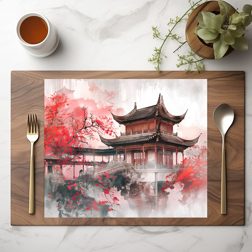 raxxa Premium-Tischset: Chinese Watercolor Red Maple by Temple - immagine 2