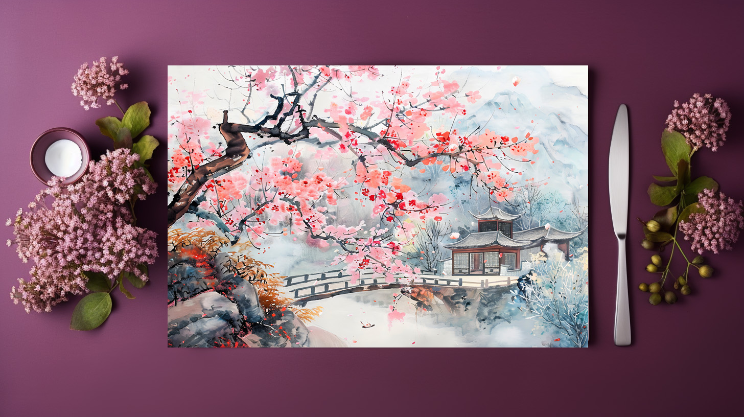 raxxa Premium-Tischset: Chinese Watercolor Temple with Cherry Blossoms – Image 3
