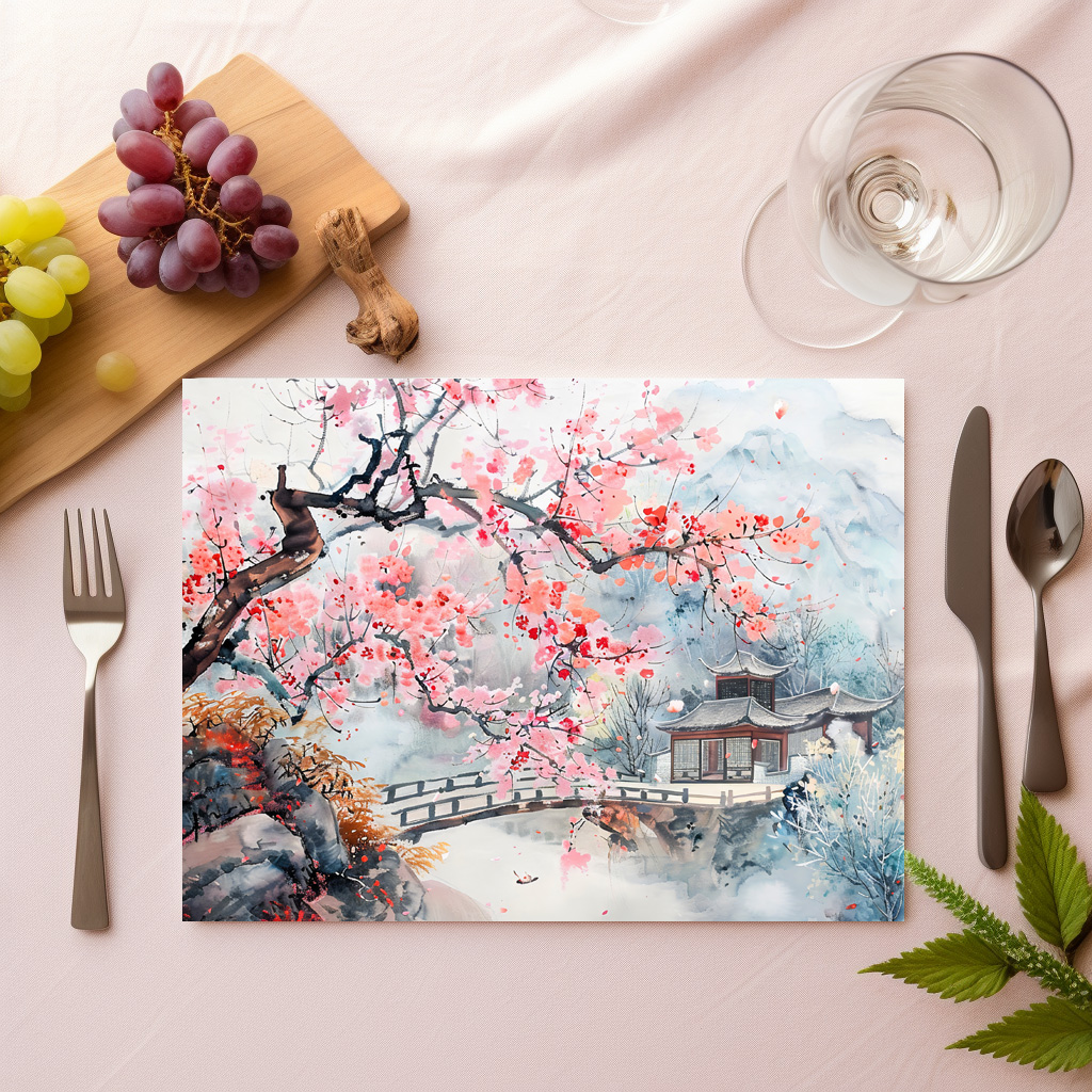 raxxa Premium-Tischset: Chinese Watercolor Temple with Cherry Blossoms – Image 2