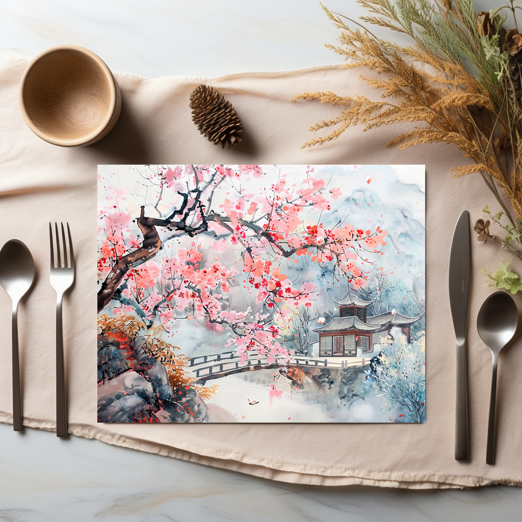 raxxa Premium-Tischset: Chinese Watercolor Temple with Cherry Blossoms