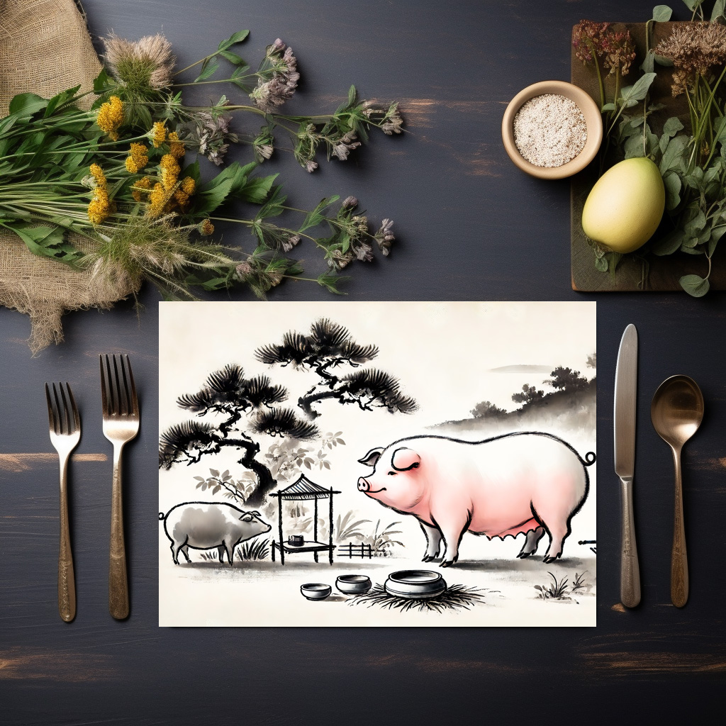 raxxa Premium-Tischset: Ink art of Content Pig in Pen with Garden