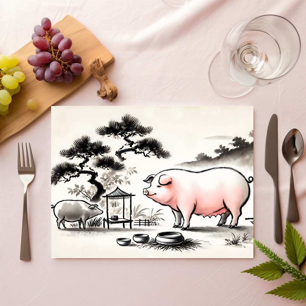raxxa Premium-Tischset: Ink art of Content Pig in Pen with Garden – Image 2