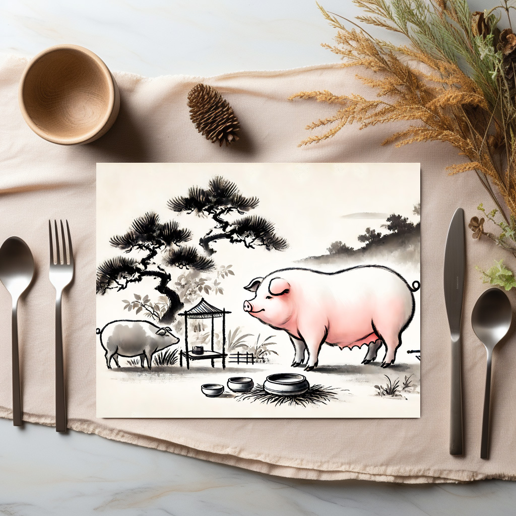 raxxa Premium-Tischset: Ink art of Content Pig in Pen with Garden – Image 3
