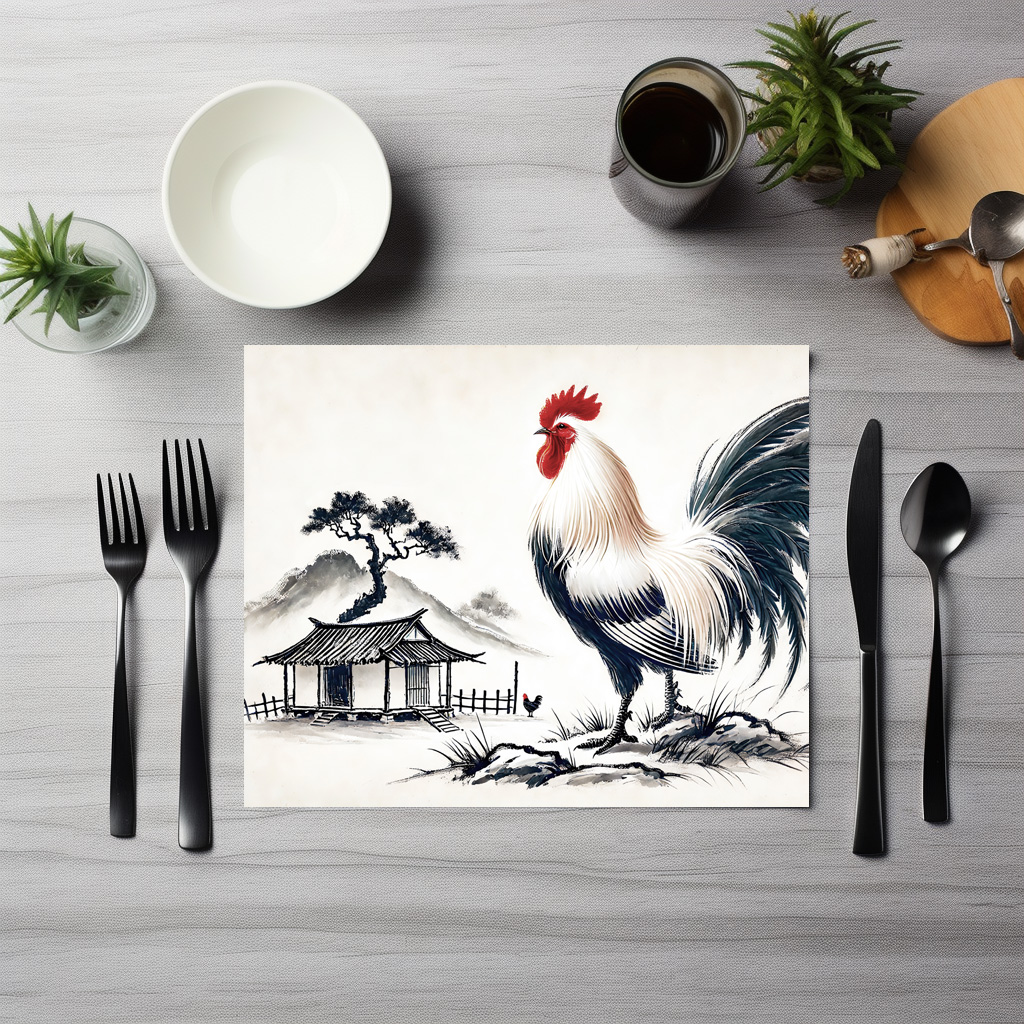 raxxa Premium-Tischset: Proud Rooster Standing Before Barn