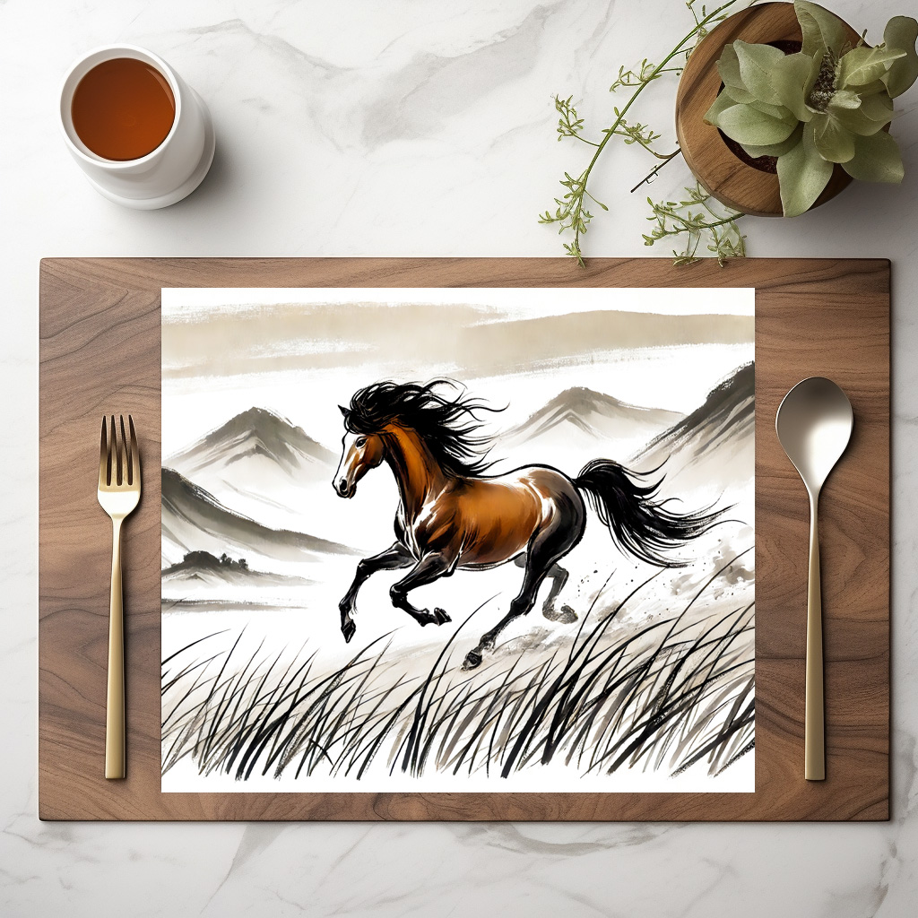 raxxa Premium-Tischset: Galloping Horse Across Pasture ink painting