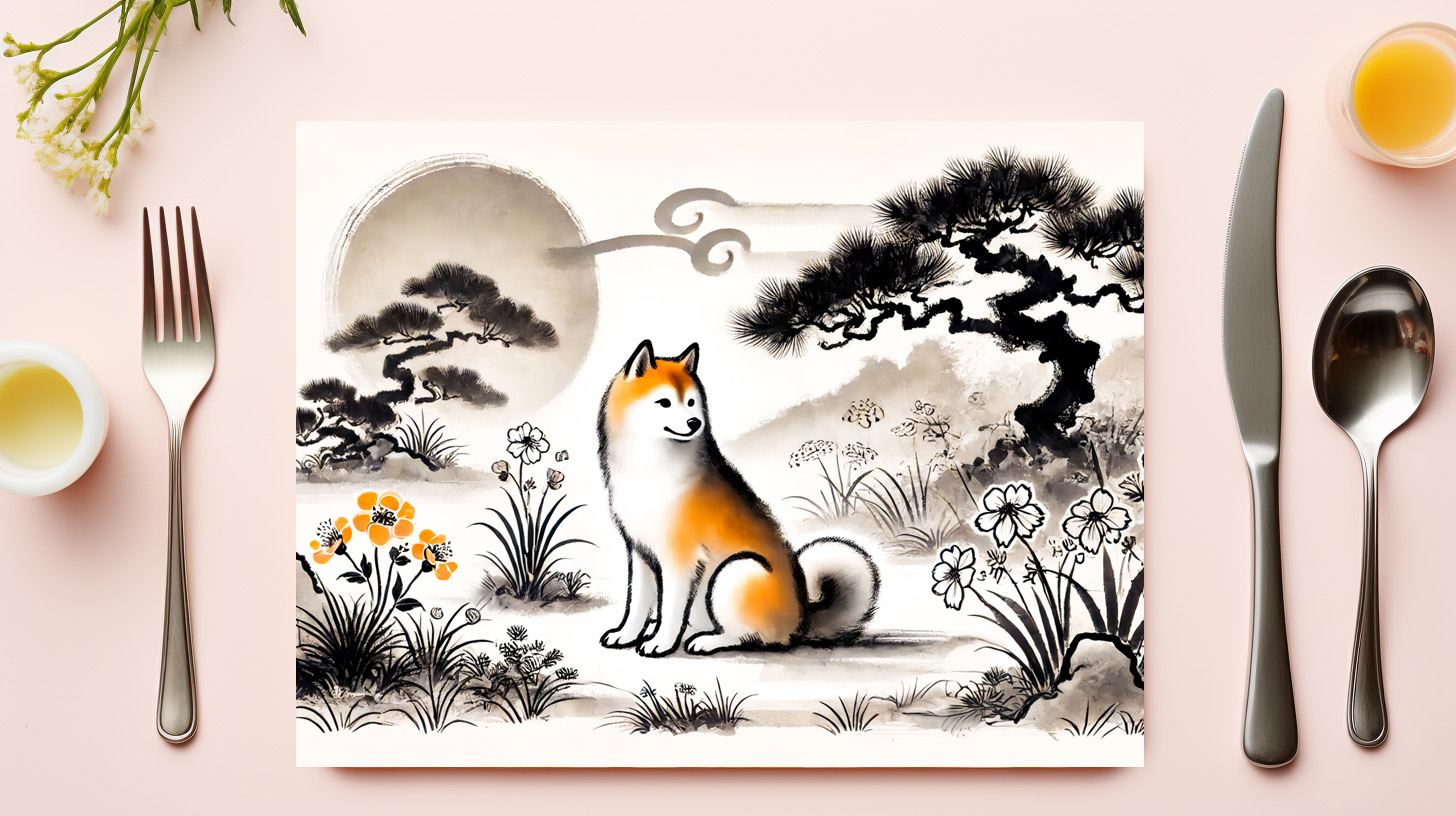 raxxa Premium-Tischset: Loyal Dog in Garden Under Bonsai ink art – Bild 3