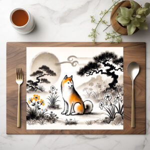 raxxa Premium-Tischset: Loyal Dog in Garden Under Bonsai ink art