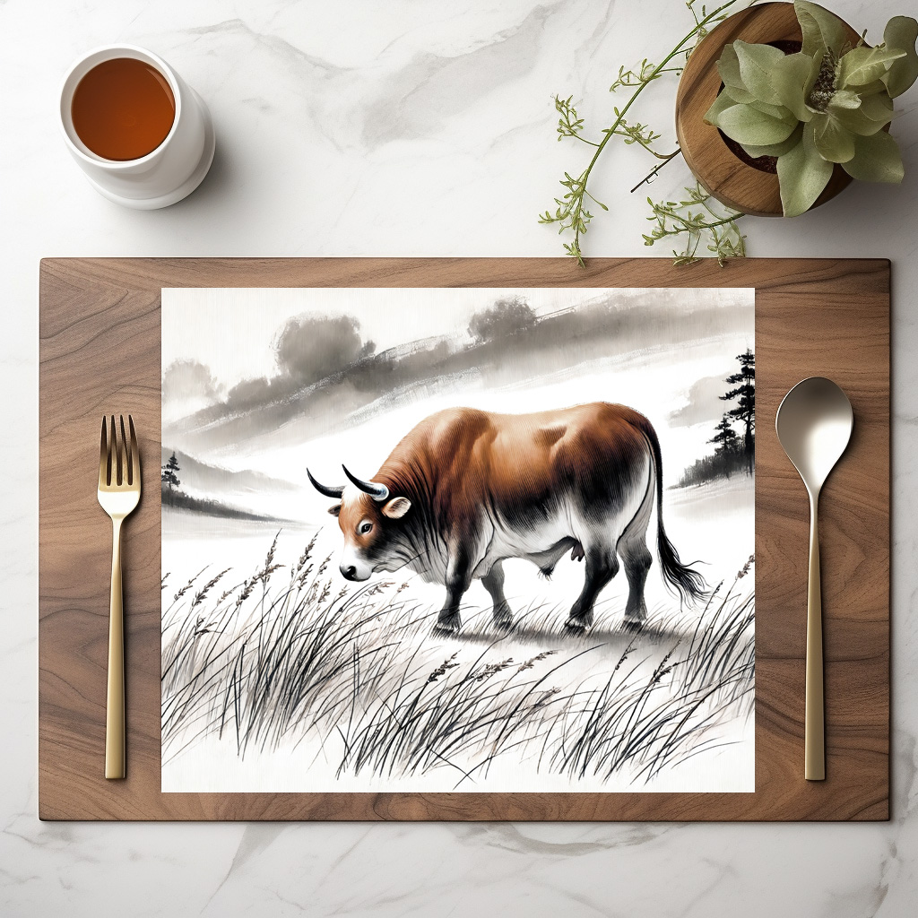 raxxa Premium-Tischset: China ink zodiac Strong Ox Grazing on Meadow