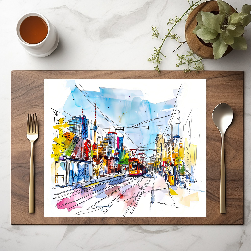 raxxa Premium-Tischset: Watercolor Berlin Mitte Tram Colorful Facades