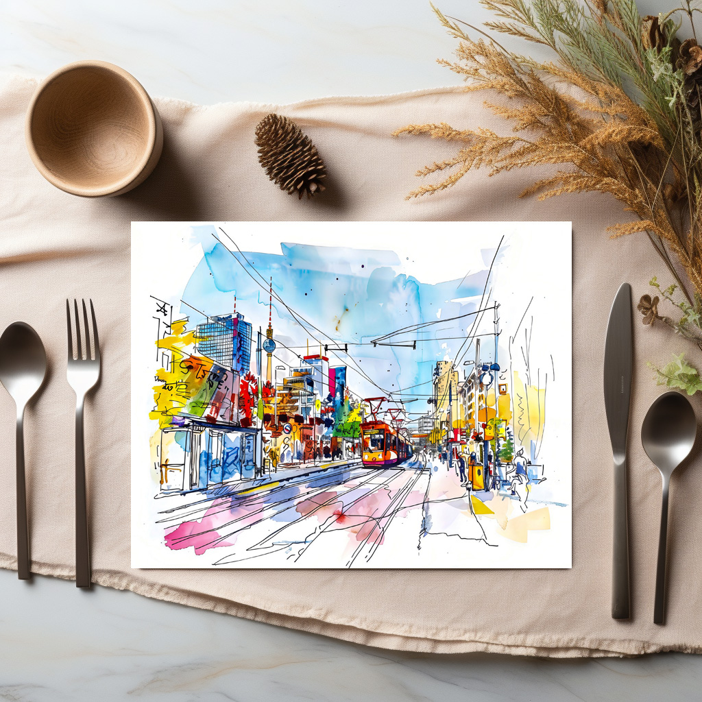 raxxa Premium-Tischset: Watercolor Berlin Mitte Tram Colorful Facades - immagine 2