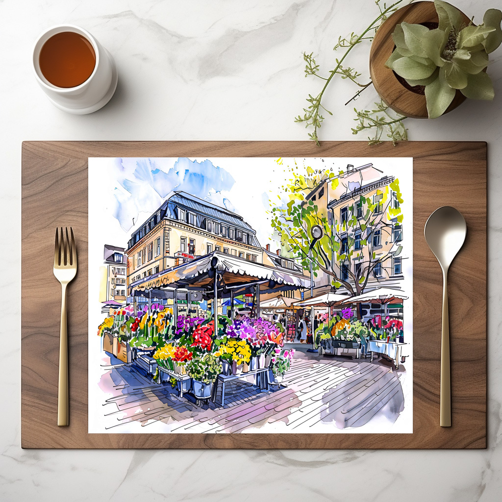 raxxa Premium-Tischset: Watercolor Berlin Market Summer Flowers
