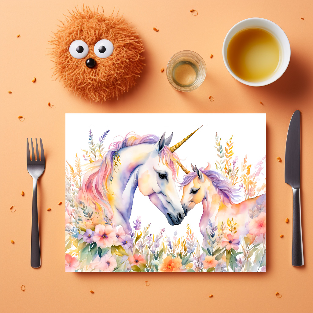 raxxa Premium-Tischset: Boho Watercolor Tender Unicorn And Baby In Flower Meadow - immagine 2
