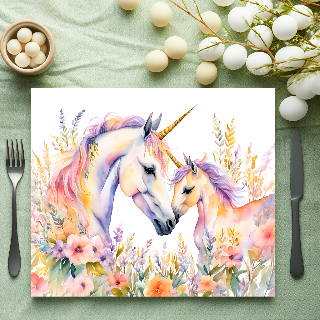 raxxa Premium-Tischset: Boho Watercolor Tender Unicorn And Baby In Flower Meadow - immagine 3
