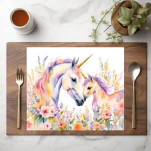 raxxa Premium-Tischset: Boho Watercolor Tender Unicorn And Baby In Flower Meadow