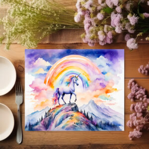 raxxa Premium-Tischset: Boho Watercolor Magical Unicorn Beneath Glowing Rainbow And Clouds