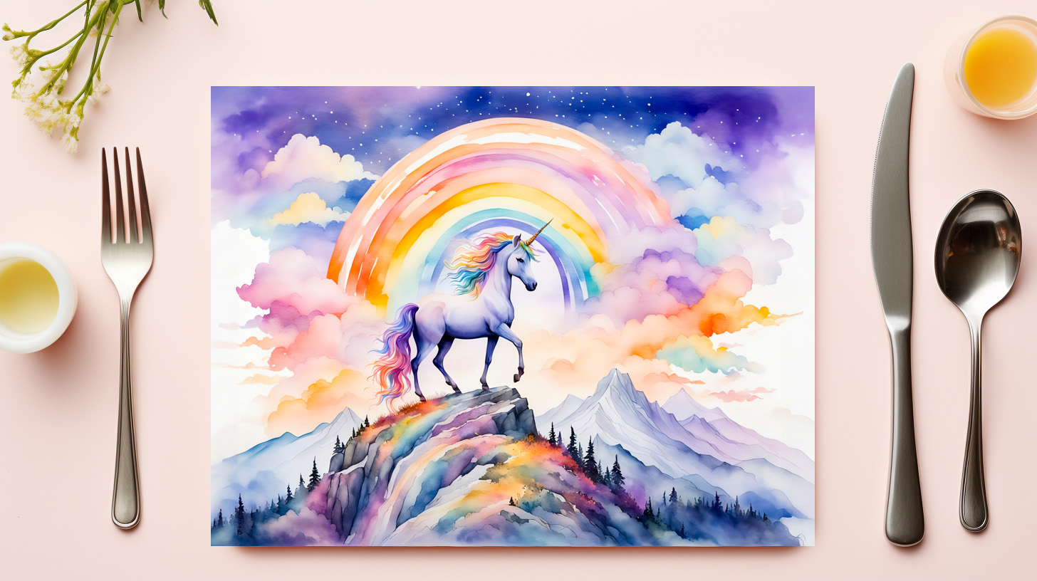 raxxa Premium-Tischset: Boho Watercolor Magical Unicorn Beneath Glowing Rainbow And Clouds - Imagen 2