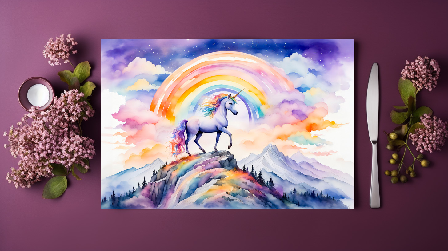 raxxa Premium-Tischset: Boho Watercolor Magical Unicorn Beneath Glowing Rainbow And Clouds - Imagen 3