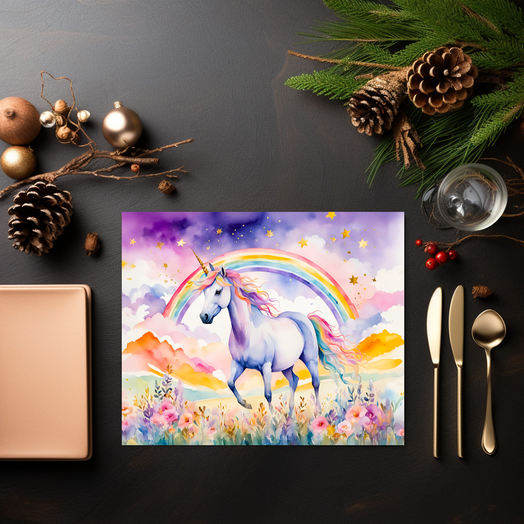 raxxa Premium-Tischset: Watercolor Enchanted Unicorn Beneath A Glowing Rainbow Sky - Image 3
