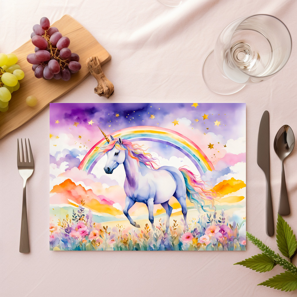 raxxa Premium-Tischset: Watercolor Enchanted Unicorn Beneath A Glowing Rainbow Sky - Image 2