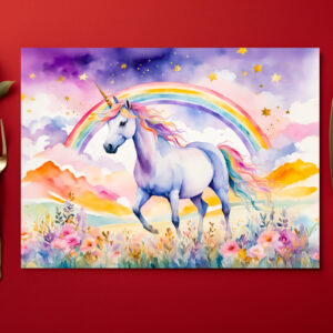 raxxa Premium-Tischset: Watercolor Enchanted Unicorn Beneath A Glowing Rainbow Sky