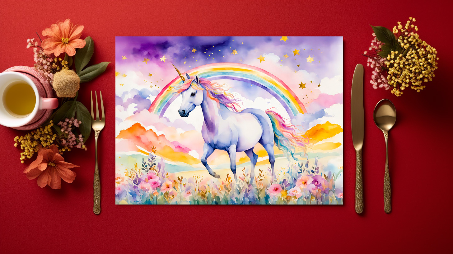 raxxa Premium-Tischset: Watercolor Enchanted Unicorn Beneath A Glowing Rainbow Sky