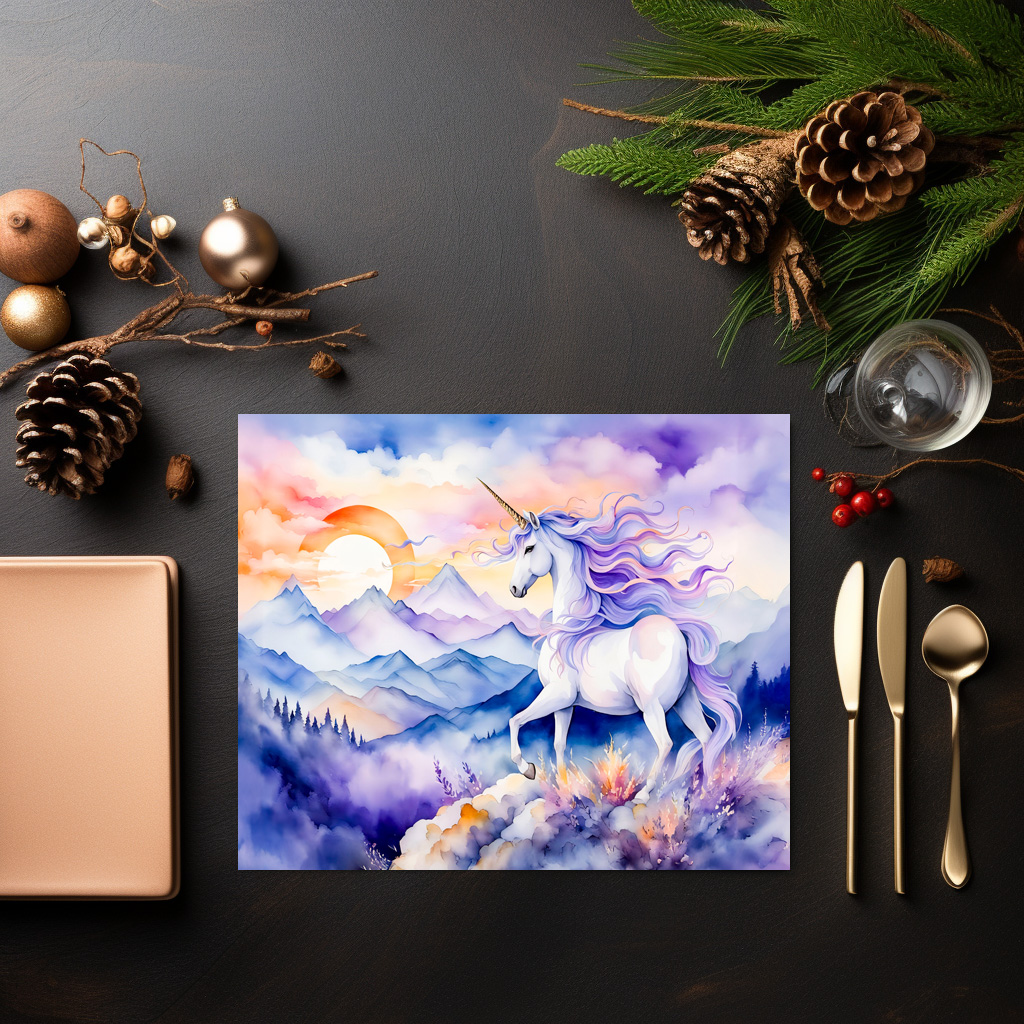 raxxa Premium-Tischset: Boho Watercolor Strong Unicorn Standing On Misty Mountain Peak – Bild 3