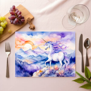 raxxa Premium-Tischset: Boho Watercolor Strong Unicorn Standing On Misty Mountain Peak