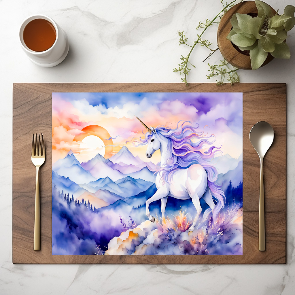 raxxa Premium-Tischset: Boho Watercolor Strong Unicorn Standing On Misty Mountain Peak – Bild 2