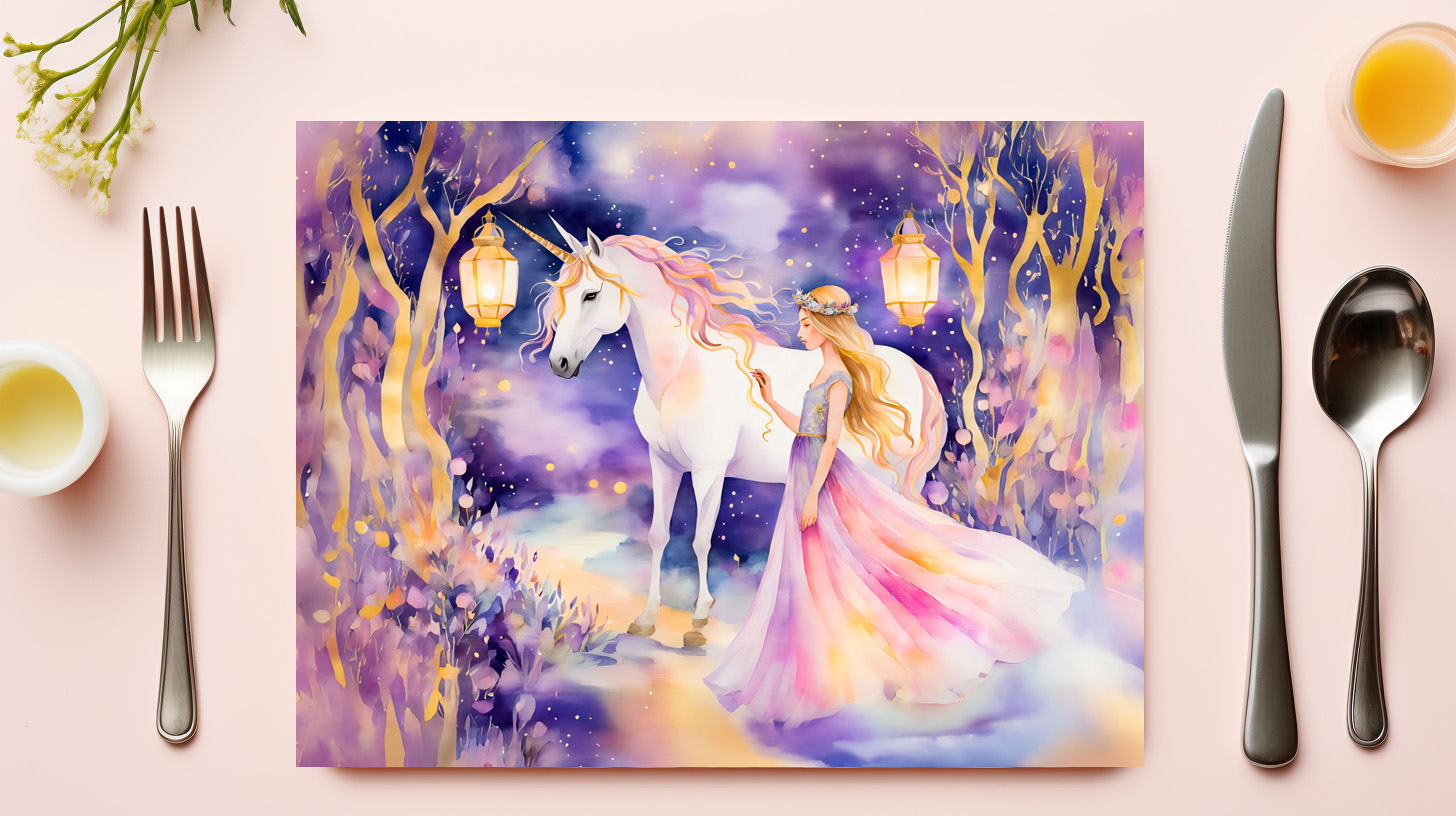 raxxa Premium-Tischset: Boho Watercolor Beautiful Princess Riding A Majestic White Unicorn - Image 3