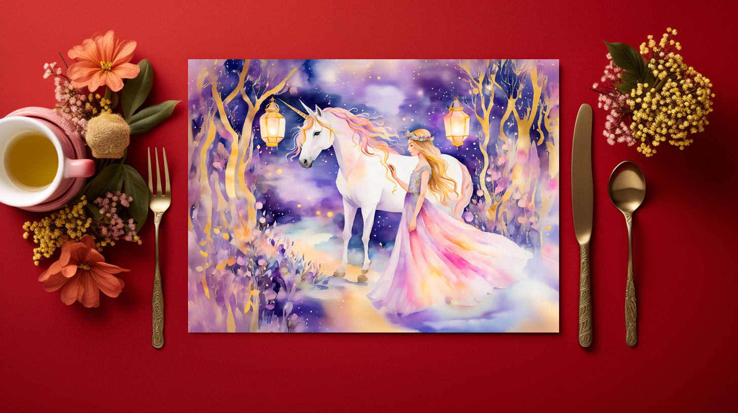 raxxa Premium-Tischset: Boho Watercolor Beautiful Princess Riding A Majestic White Unicorn - Image 2